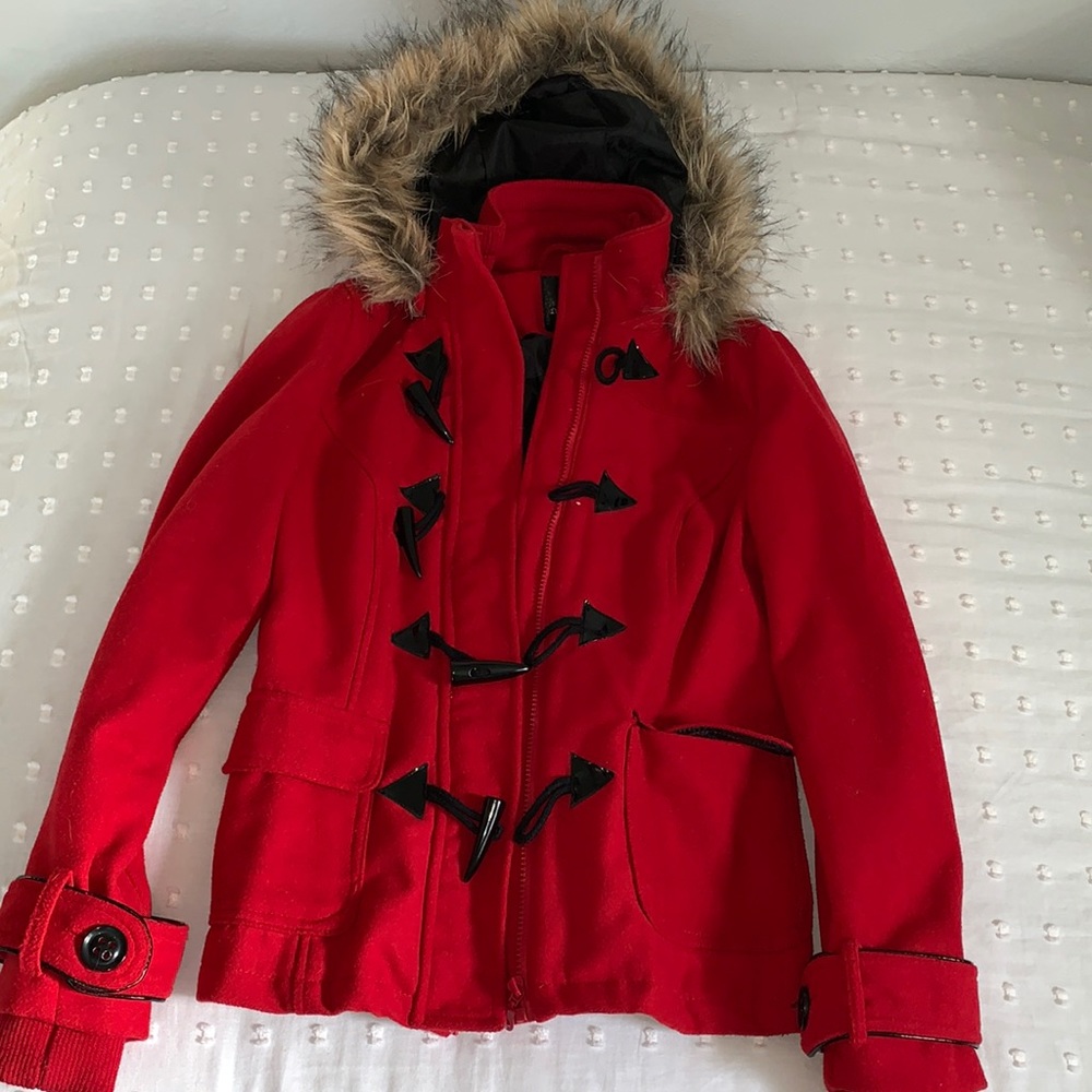 red overcoat from tilly’s
